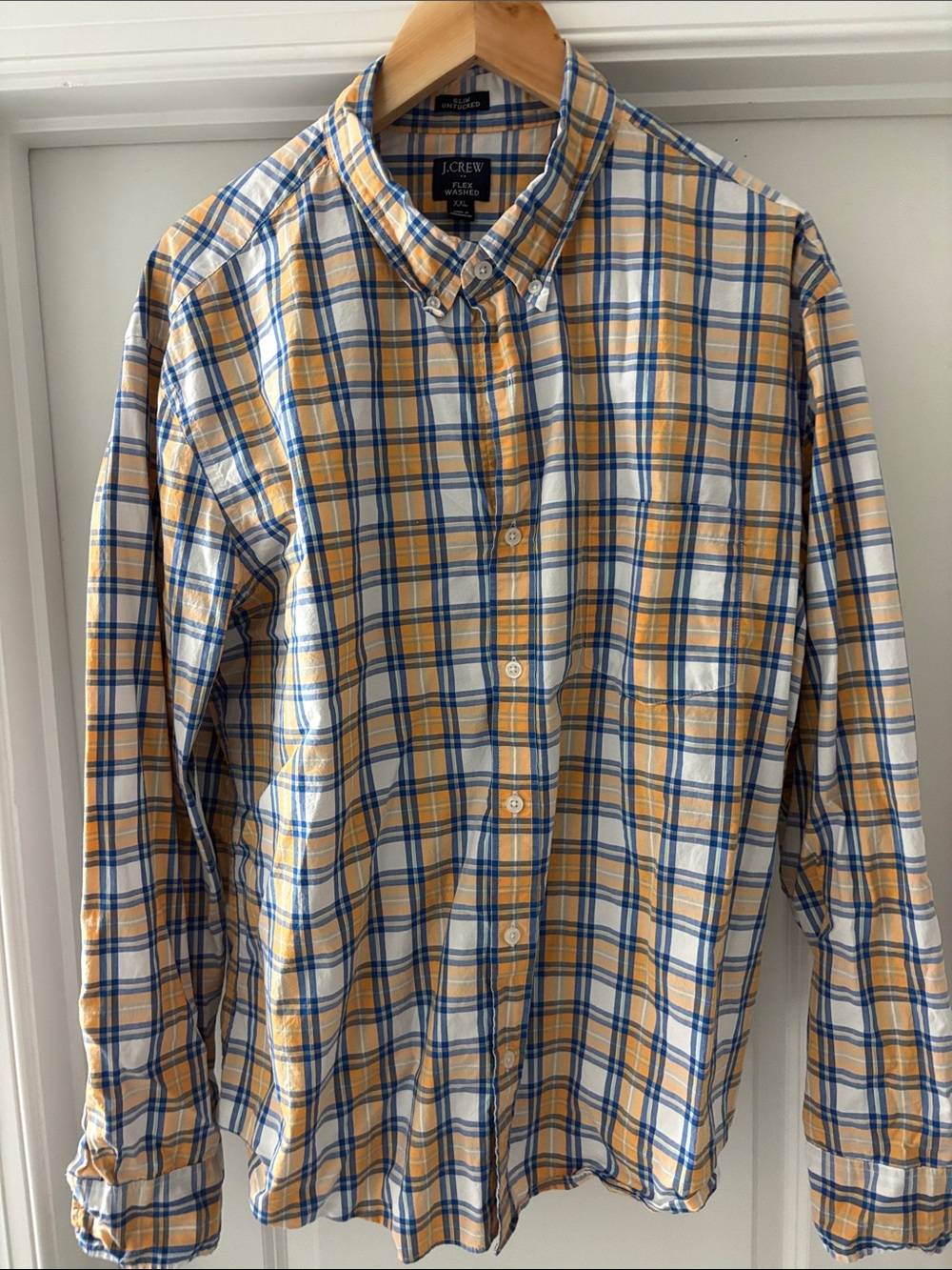 J. Crew Men’s Yellow & Blue Plaid Button-Down Shirt Flex washed Slim Untucked XX